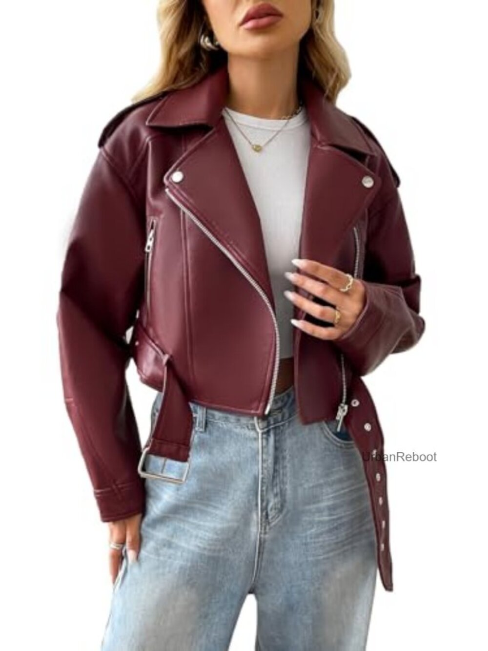 Vegan Faux Leather Cropped Motor Biker Coat with Belt, Zip Front